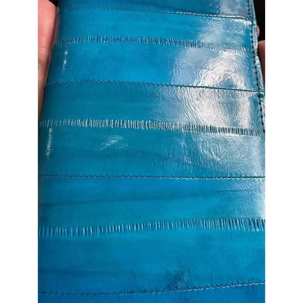 Eel Skin Leather Wallet Turquoise Blue Organizer Clutch + Keychain Vintage Teal - Picture 11 of 15